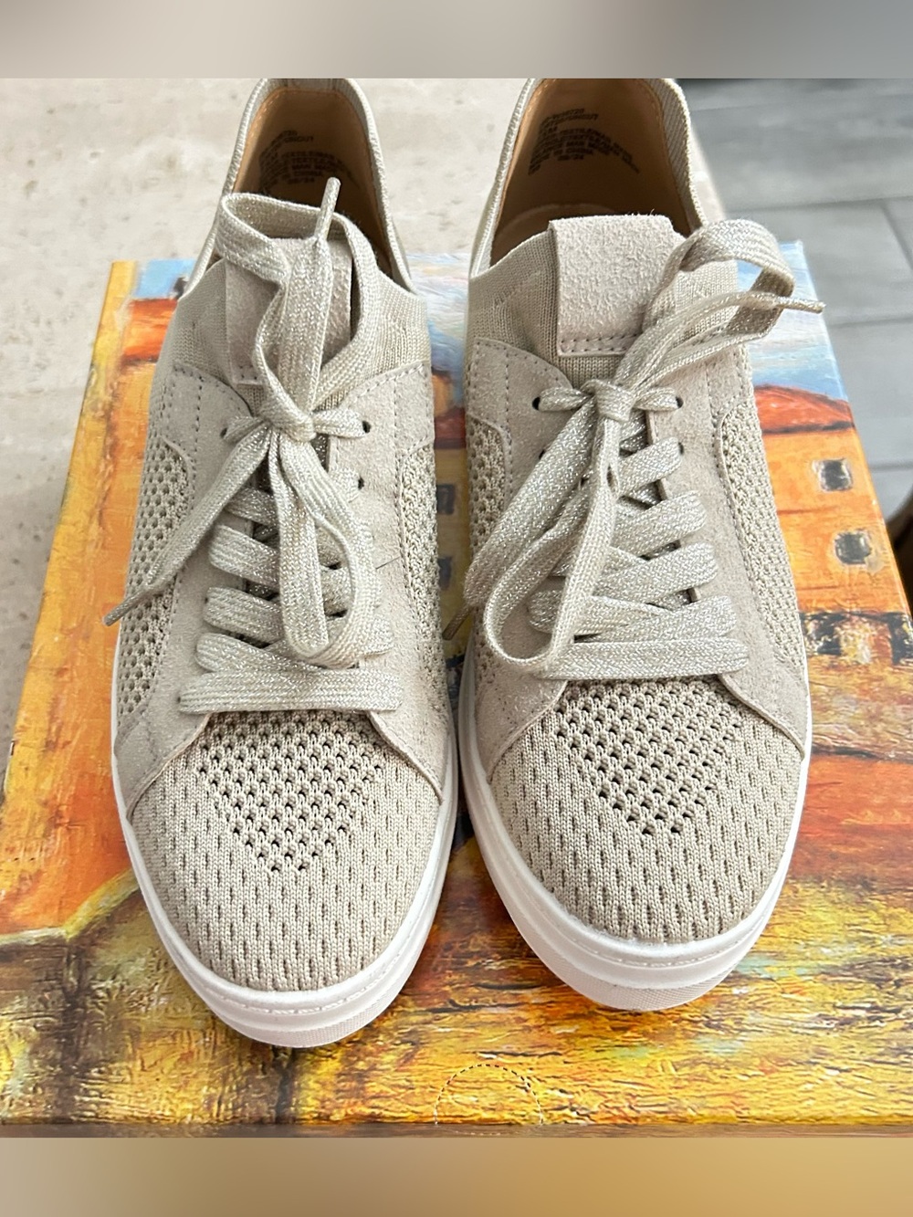 White Mountain Women's Knit Lace-Up Sneakers in Light Beige Size 7.5